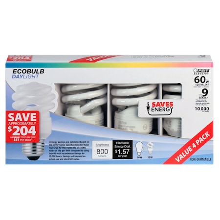 Feit Electric Feit 60 W A19 2 in. D X 3.7 in. L CFL Bulb Daylight Spiral 6500 K 4 pk ESL13T/D/4